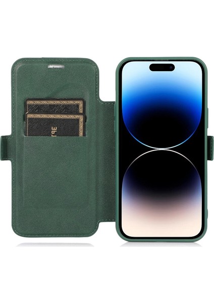 Iphone 14 Pro Max Pu Deri Stand Kartı Tutucu Için Kasa Şok Geçirmez Manyetik Toka Slayt Kamera Koruma-Blackish Green ile Telefon Kapağı (Yurt Dışından)