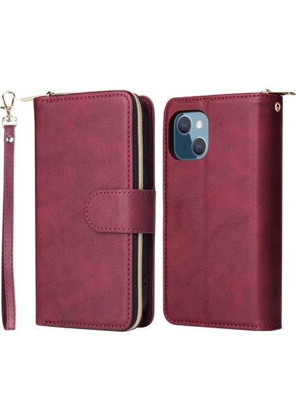 Iphone 14 Için Anti-Çizik Pu Deri Telefon Kasası Artı 9 Kart Tutucu Yuvaları Manyetik Kapanma Fermuar Cep Flip Cüzdan Kapağı Standı Strap-Wine Kırmızı ile (Yurt Dışından)