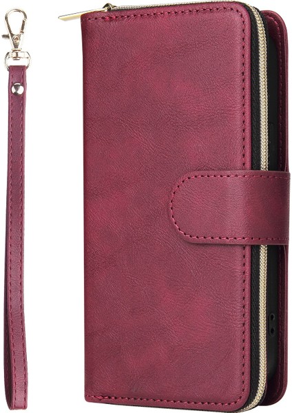 Iphone 14 Için Anti-Çizik Pu Deri Telefon Kasası Artı 9 Kart Tutucu Yuvaları Manyetik Kapanma Fermuar Cep Flip Cüzdan Kapağı Standı Strap-Wine Kırmızı ile (Yurt Dışından)