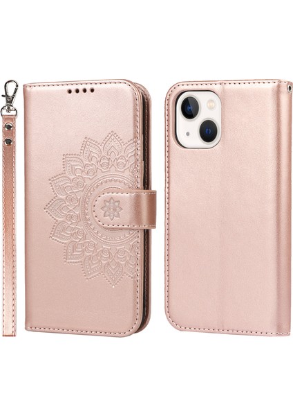 Iphone 14 Için R61 Için Doku Dikiş Pu Deri+Tpu Görüntüleme Stand Telefon Kılıf Deseni Baskılı Cüzdan Kapak Gül Altın (Yurt Dışından)