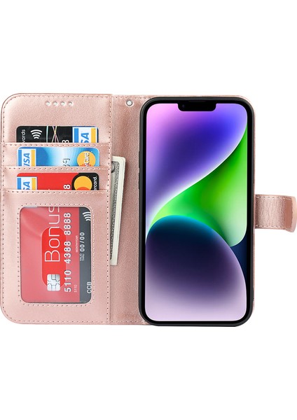 Iphone 14 Için R61 Için Doku Dikiş Pu Deri+Tpu Görüntüleme Stand Telefon Kılıf Deseni Baskılı Cüzdan Kapak Gül Altın (Yurt Dışından) modelleri