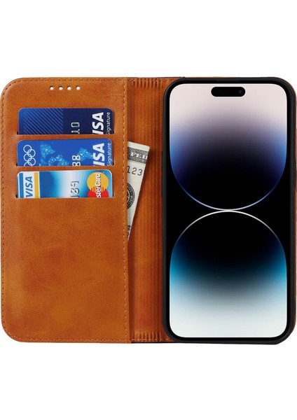 Iphone 14 Pro Maks Malf Dokusu Pu Pu Deri Şok Geçirmez Cüzdan Kılıfı Iki Renk Ekleme Manyetik Otomatik Absorbed Katlanabilir Stand Kapak Sarı/kahverengi (Yurt Dışından)