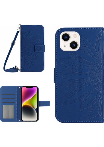 Iphone 14 Için HT04 Için HT04 Cilt Touch Pu Deri Stand Kılıfı Baskılı Ayçiçeği Tam Koruma Telefon Cüzdan Kapağı Omuz Kayışı Sapfire (Yurt Dışından)