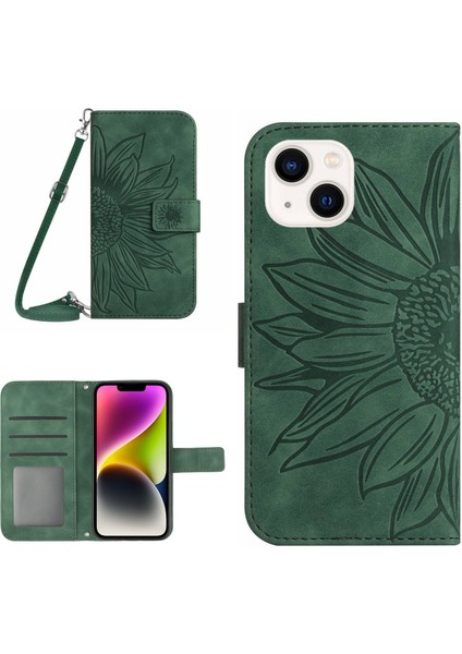 Iphone 14 Için HT04 Için HT04 Cilt Touch Pu Deri Stand Kılıfı Baskılı Ayçiçeği Tam Koruma Telefon Cüzdan Kapağı Omuz Kayış-Dark Yeşil (Yurt Dışından)