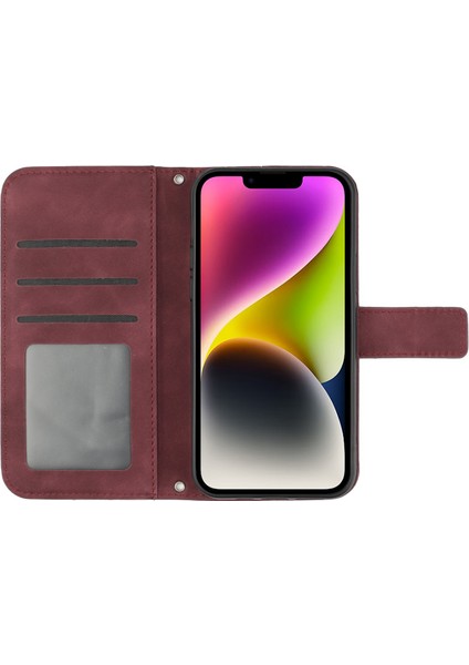 Iphone 14 Için HT04 Cilt Touch Pu Deri Stand Kılıfı Baskı Ayçiçeği Tam Koruma Telefon Cüzdan Kapağı Omuz Kayışı Kırmızısı (Yurt Dışından)