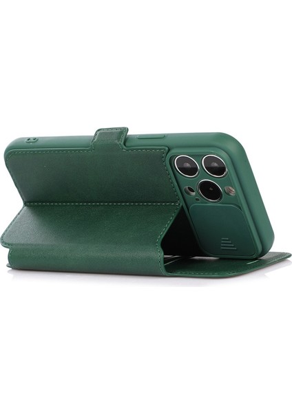 Iphone 14 Pro Max Pu Deri Stand Kartı Tutucu Için Kasa Şok Geçirmez Manyetik Toka Slayt Kamera Koruma-Blackish Green ile Telefon Kapağı (Yurt Dışından)