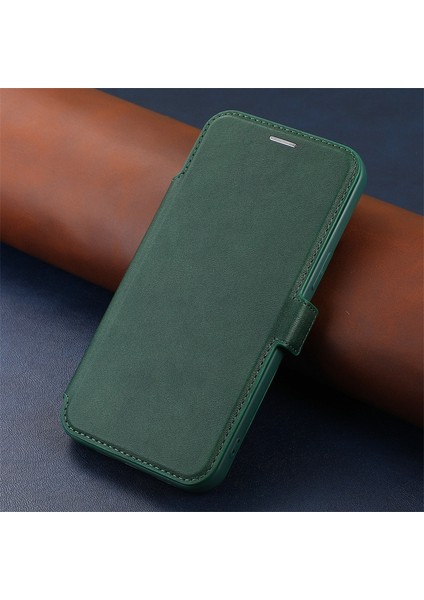 Iphone 14 Pro Max Pu Deri Stand Kartı Tutucu Için Kasa Şok Geçirmez Manyetik Toka Slayt Kamera Koruma-Blackish Green ile Telefon Kapağı (Yurt Dışından)
