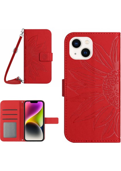 Iphone 14 Için HT04 Cilt Touch Pu Deri Stand Kılıfı Baskılı Ayçiçeği Tam Koruma Telefon Cüzdan Kapağı Omuz Kayışı Kırmızısı (Yurt Dışından)