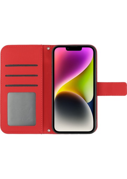 Iphone 14 Için HT04 Cilt Touch Pu Deri Stand Kılıfı Baskılı Ayçiçeği Tam Koruma Telefon Cüzdan Kapağı Omuz Kayışı Kırmızısı (Yurt Dışından)