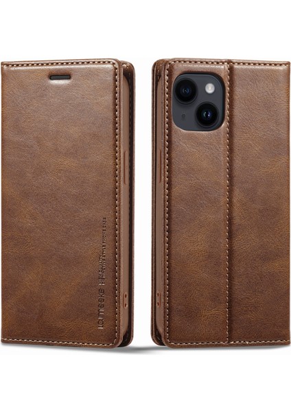 Iphone 14 Için Rfıd Için Rfıd Bloking Pu Deri Telefon Kılıfı Stand Manyetik Oto Ahmsorbed Folio Flip Cover-Brown (Yurt Dışından)
