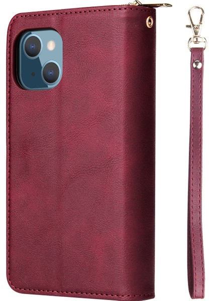 Iphone 14 Için Anti-Çizik Pu Deri Telefon Kasası Artı 9 Kart Tutucu Yuvaları Manyetik Kapanma Fermuar Cep Flip Cüzdan Kapağı Standı Strap-Wine Kırmızı ile (Yurt Dışından)