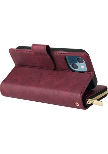 Iphone 14 Için Anti-Çizik Pu Deri Telefon Kasası Artı 9 Kart Tutucu Yuvaları Manyetik Kapanma Fermuar Cep Flip Cüzdan Kapağı Standı Strap-Wine Kırmızı ile (Yurt Dışından)