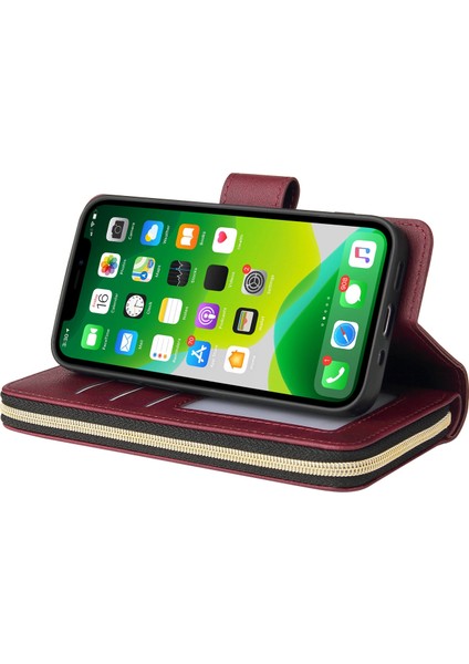 Iphone 14 Için Anti-Çizik Pu Deri Telefon Kasası Artı 9 Kart Tutucu Yuvaları Manyetik Kapanma Fermuar Cep Flip Cüzdan Kapağı Standı Strap-Wine Kırmızı ile (Yurt Dışından)