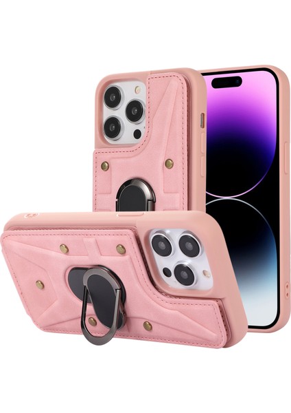 Iphone 14 Pro Maks Kart Torbası Tasarımı Şok Geçirmez Cilt Touch Pu Deri Kaplamalı Tpu Geri Kılıf Manyetik Yüzük Kickstand-Pink (Yurt Dışından)