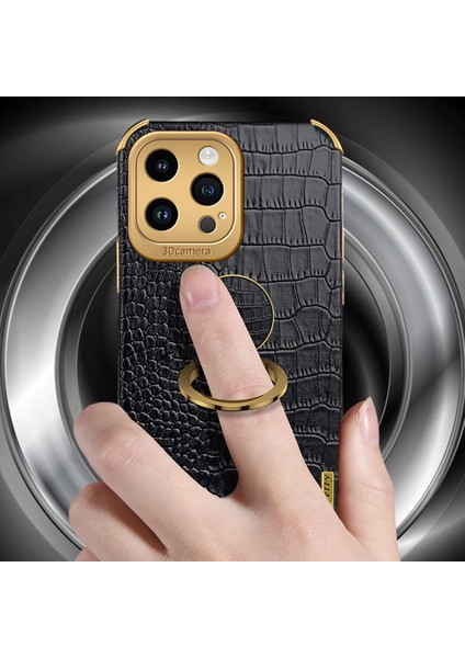 Iphone 14 Pro Max Timsah Doku Pu Deri Kaplamalı Tpu Kapak Kickstand-Sarı (Yurt Dışından)