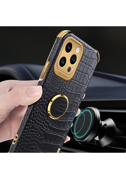 Iphone 14 Pro Max Timsah Doku Pu Deri Kaplamalı Tpu Kapak Kickstand-Sarı (Yurt Dışından)