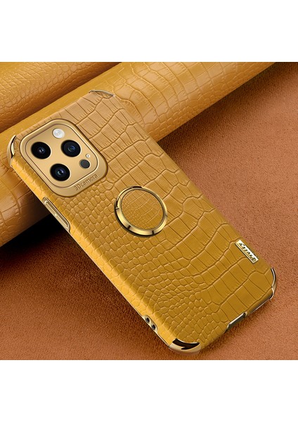Iphone 14 Pro Max Timsah Doku Pu Deri Kaplamalı Tpu Kapak Kickstand-Sarı (Yurt Dışından)