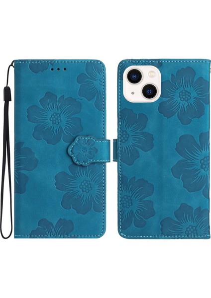 Iphone 14 Için Pu Pu Deri Telefon Kabuğu Cüzdan Kapağı Baskılı Çiçek Deseni Dönüş Stand Kılıfı Blue (Yurt Dışından)