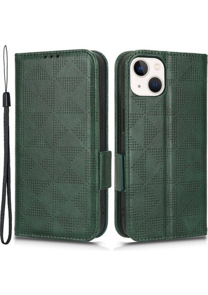 Iphone 14 Için Plus Dayanıklı Üçgen Desen Baskılı Kasa Stand Tasarım Kitap Tarzı Pu Deri Telefon Kapağı Kayış Yeşili (Yurt Dışından)