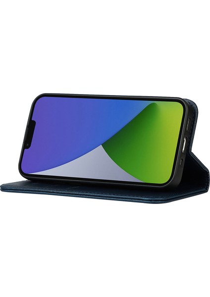 Iphone 14 Plus Için Manyetik Otomatik Absorbed Buzağı Dokusu Pu Deri Dergi Şok Geçirmez Flip Stand Telefon Cüzdan Kapak-Dark Mavi (Yurt Dışından)