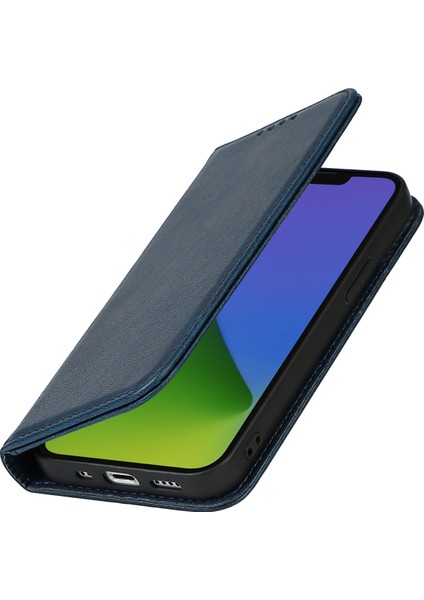Iphone 14 Plus Için Manyetik Otomatik Absorbed Buzağı Dokusu Pu Deri Dergi Şok Geçirmez Flip Stand Telefon Cüzdan Kapak-Dark Mavi (Yurt Dışından)