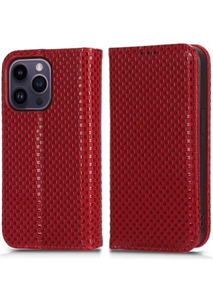 Iphone 14 Pro Max Stand Tasarım Magnetic Otomatik Absorbed Telefon Cüzdan Kapak Kırmızısı (Yurt Dışından)