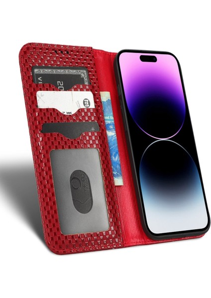 Iphone 14 Pro Max Stand Tasarım Magnetic Otomatik Absorbed Telefon Cüzdan Kapak Kırmızısı (Yurt Dışından)