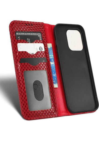 Iphone 14 Pro Max Stand Tasarım Magnetic Otomatik Absorbed Telefon Cüzdan Kapak Kırmızısı (Yurt Dışından)