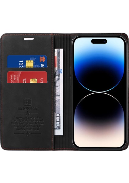 Iphone 14 Pro Max Magnetic Telefon Kılıfı Pu Deri Stand Kapağı Rfıd Engelleme Cüzdan Telefon Kabuk Black (Yurt Dışından) modelleri