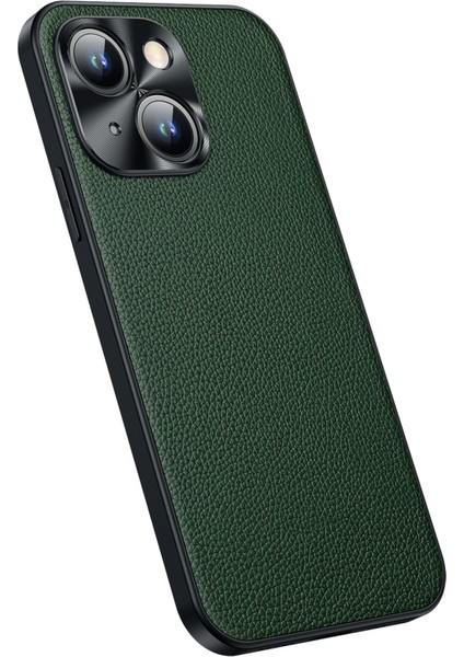 Iphone 14 Için Cowhide Deri Şok Geçirmez Kılıf Plus Anti-Fall Telefon Kılıfı Litchi Doku Tpu Metal Kamera Çerçeve Yeşil (Yurt Dışından)