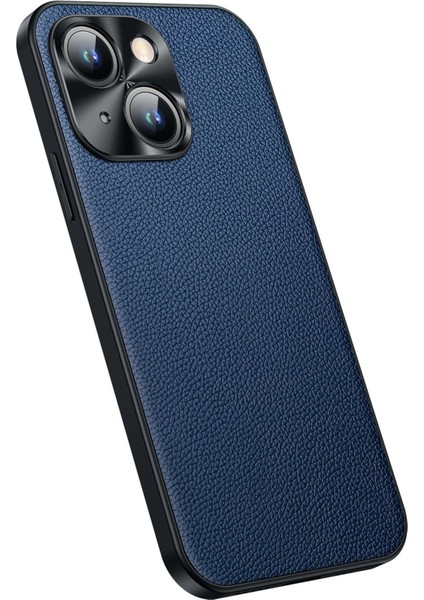 Iphone 14 Için Cowhide Deri Şok Geçirmez Kılıf Plus Anti-Fall Telefon Kılıfı Litchi Doku Tpu Metal Kamera Çerçevesi Sapfirli Arka Kapak (Yurt Dışından)