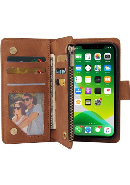 Iphone 14 Için Plus Fermuar Cep Kartı Yuvaları Tasarım Pu Deri Telefon Kapağı Cüzdan Standı Damla Geçirmez Vaka-Kahverengi (Yurt Dışından)
