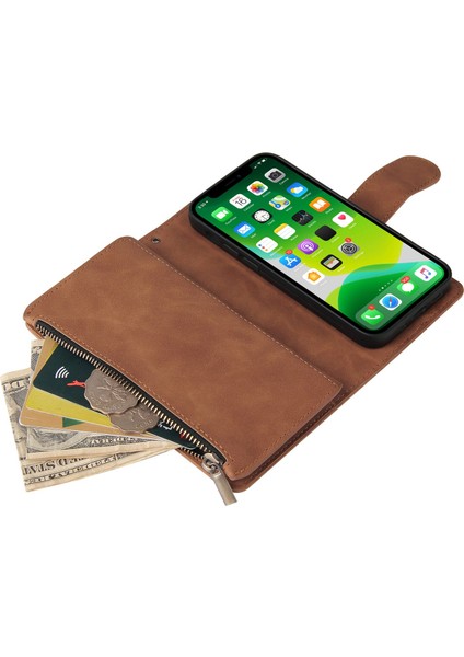 Iphone 14 Için Plus Fermuar Cep Kartı Yuvaları Tasarım Pu Deri Telefon Kapağı Cüzdan Standı Damla Geçirmez Vaka-Kahverengi (Yurt Dışından)