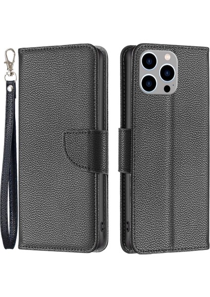 Iphone 14 Pro Max Için 6.7 Inç Düz Renkli Iyi Korumalı Litchi Doku Pu Deri Tam Kapsama Telefon Kılıfı Stand Cüzdan-Black (Yurt Dışından)