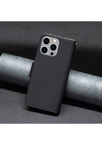 Iphone 14 Pro Max Için 6.7 Inç Düz Renkli Iyi Korumalı Litchi Doku Pu Deri Tam Kapsama Telefon Kılıfı Stand Cüzdan-Black (Yurt Dışından)