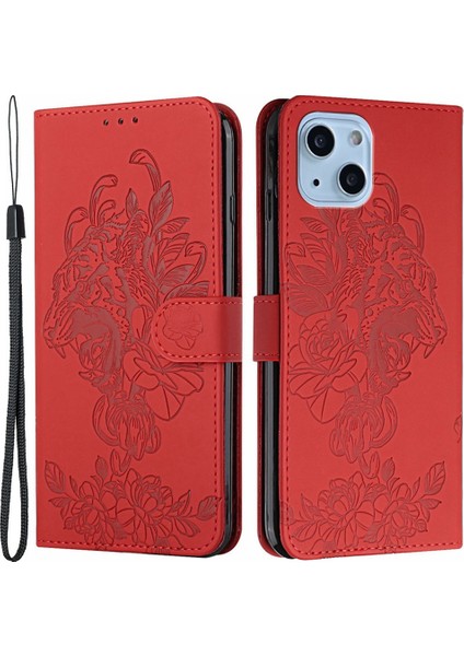 Iphone 14 Için Plus Baskı Tiger Head Pu Deri Kılıf Kılıfı Strap Strap Cüzdan Stili Özellik Flip Kapak Kırmızısı (Yurt Dışından)