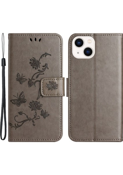 Iphone 14 Için Artı Cüzdan Tarzı Kelebek Çiçek Basılı Anti-Damla Çanta Pu Deri Standı Strap-Grey ile Telefon Kabuğu (Yurt Dışından)