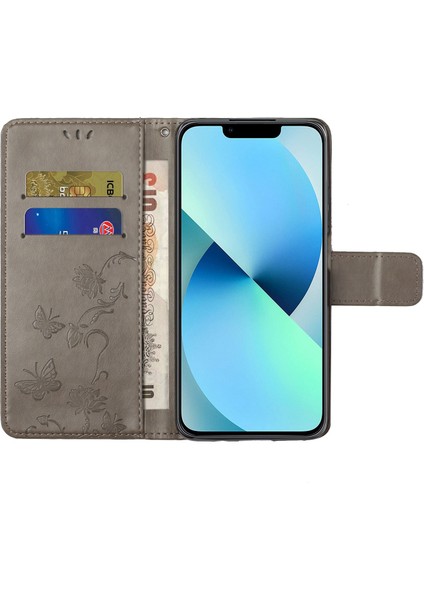 Iphone 14 Için Artı Cüzdan Tarzı Kelebek Çiçek Basılı Anti-Damla Çanta Pu Deri Standı Strap-Grey ile Telefon Kabuğu (Yurt Dışından)