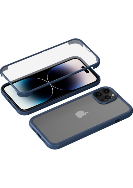 Iphone 14 Pro Max Çift Taraflı Koruma Temperli Cam+Tpu Telefon Koruyucu Kılıf Anti-Dalgalı Şok Geçirmez Kapak-Dark Mavi (Yurt Dışından)