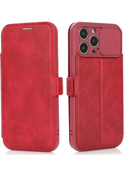 Iphone 14 Pro Max Pu Deri Stand Kartı Tutucu Için Slide Kamera Koruma-Kırmızılı Şok Geçirmez Manyetik Toka Telefon Kapağı (Yurt Dışından)