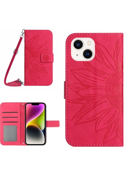 Iphone 14 Için HT04 Cilt Touch Pu Deri Stand Kılıfı Baskılı Ayçiçeği Tam Koruma Telefon Cüzdan Kapağı Omuz Kayışı Rose (Yurt Dışından)