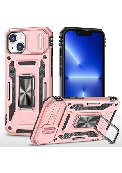 Iphone 14 Için Şok Geçirmez Telefon Kasası Pc+Tpu Ring Slayt Kameralı Kickstand Cep Telefon Kabuğu Kamera Koruyucu Golü Altın (Yurt Dışından)