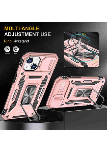 Iphone 14 Için Şok Geçirmez Telefon Kasası Pc+Tpu Ring Slayt Kameralı Kickstand Cep Telefon Kabuğu Kamera Koruyucu Golü Altın (Yurt Dışından)