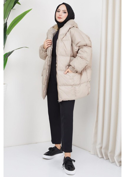 Kapşonlu Oversize Şişme Mont Bej HM2314