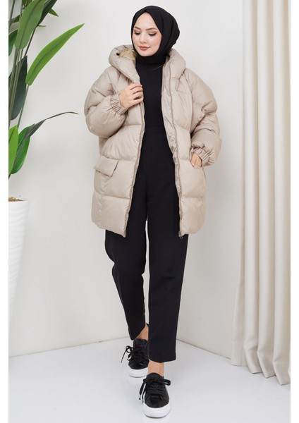 Kapşonlu Oversize Şişme Mont Bej HM2314