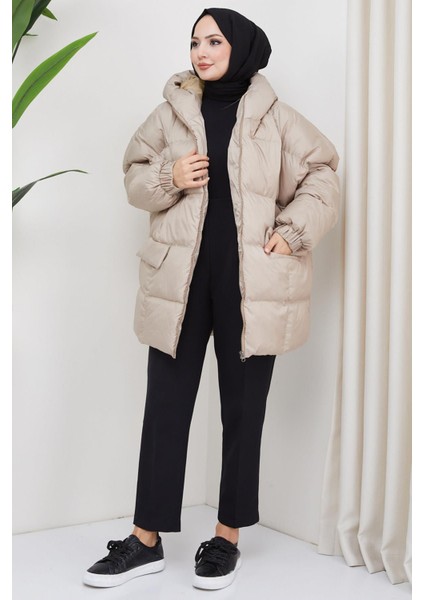 Kapşonlu Oversize Şişme Mont Bej HM2314