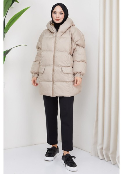 Kapşonlu Oversize Şişme Mont Bej HM2314
