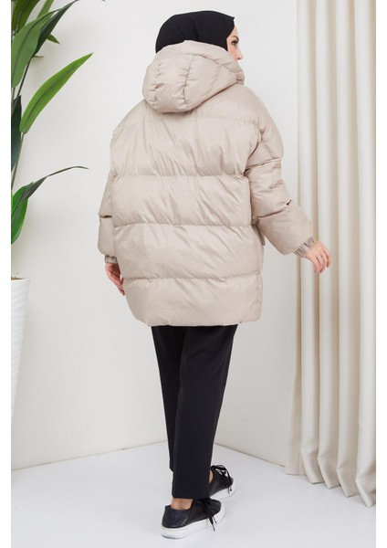 Kapşonlu Oversize Şişme Mont Bej HM2314