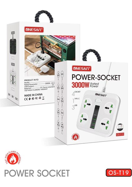 Çıkışlı ve 3 USB Bağlantı Noktalı Güç Kablosu 1pd Çıkışı 2m Uzatma Kablosu (3000W/20A) (Yurt Dışından)