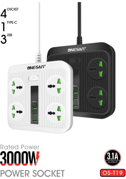Çıkışlı ve 3 USB Bağlantı Noktalı Güç Kablosu 1pd Çıkışı 2m Uzatma Kablosu (3000W/20A) (Yurt Dışından)